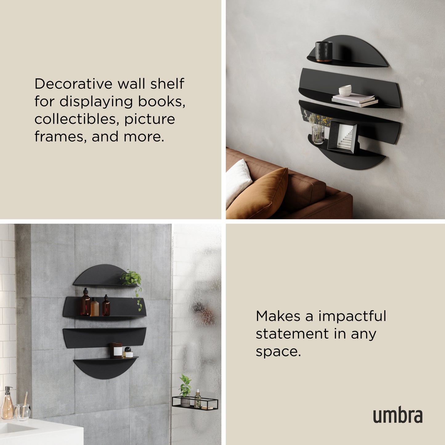 Umbra Solis Decorative Metal Floating Wall Shelves | Black Steel