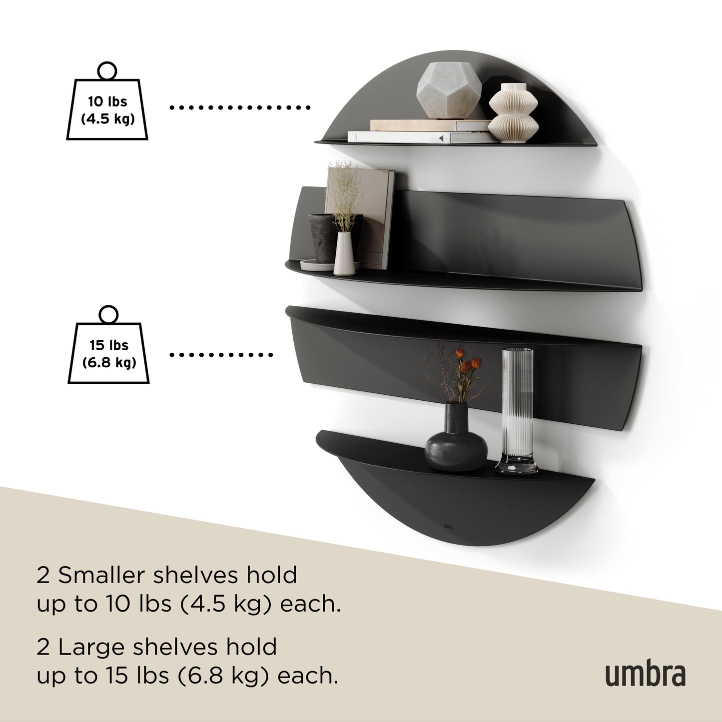 Umbra Solis Decorative Metal Floating Wall Shelves | Black Steel